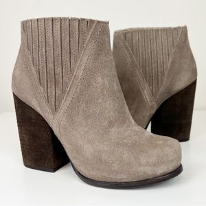 Jeffrey Campbell Taupe Suede Ankle Booties with Dark Brown Block Heel